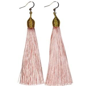 Pink Gold Tone Wrapped Tassel Dangle Earrings Boho Festival Summer Beachy Retro